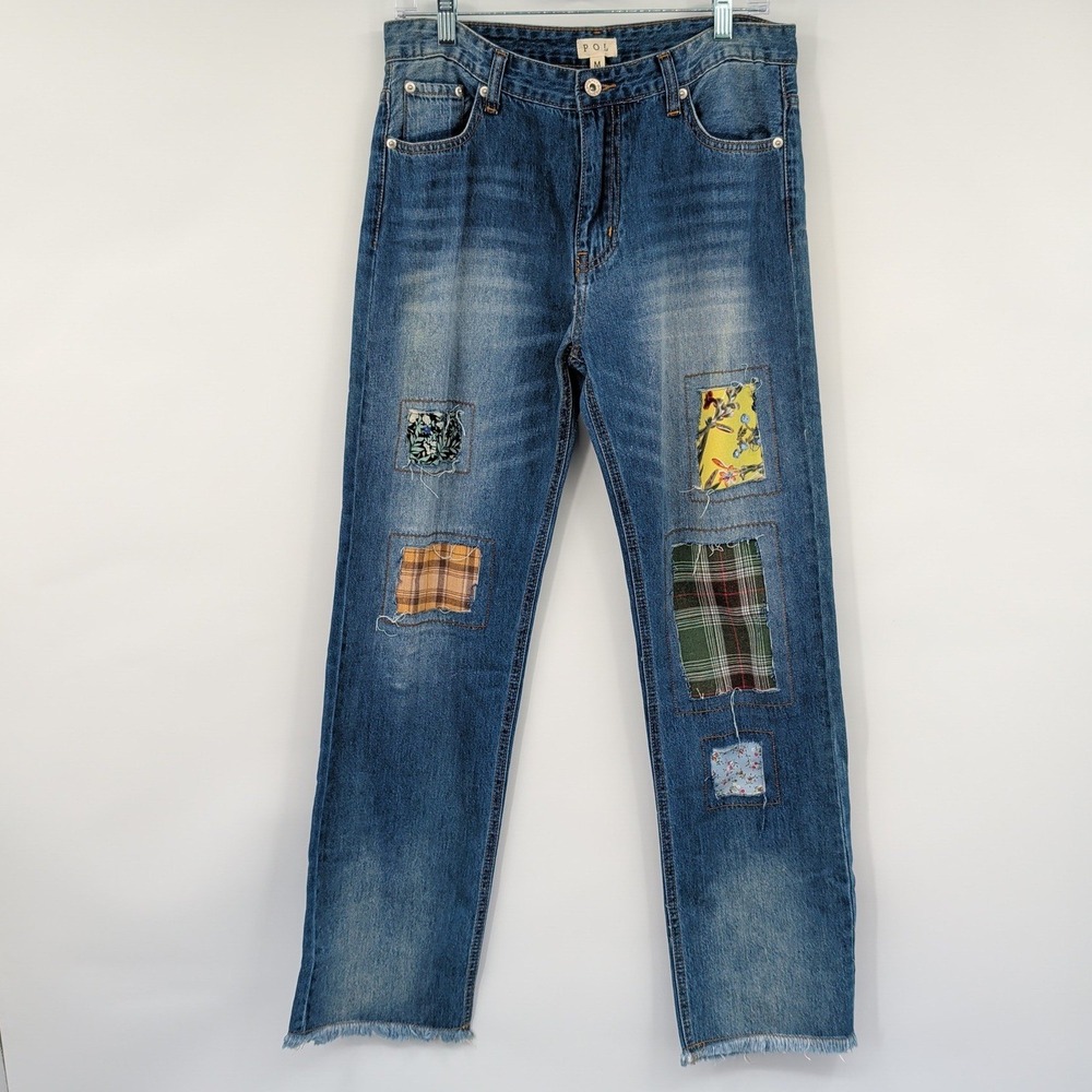 POL Patchwork Straight Leg Jeans Medium Wash Floral Plaid Patchwork 31 X 29